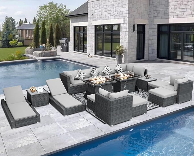 NICESOUL 18 Piece Patio Furniture Set with Fire Pit, Luxury Large Size Outdoor Patio Set with Fire Pit and Lounger, Extra Large 14-Seater Wide Deep High Back Outdoor Seating Sectional, Grey