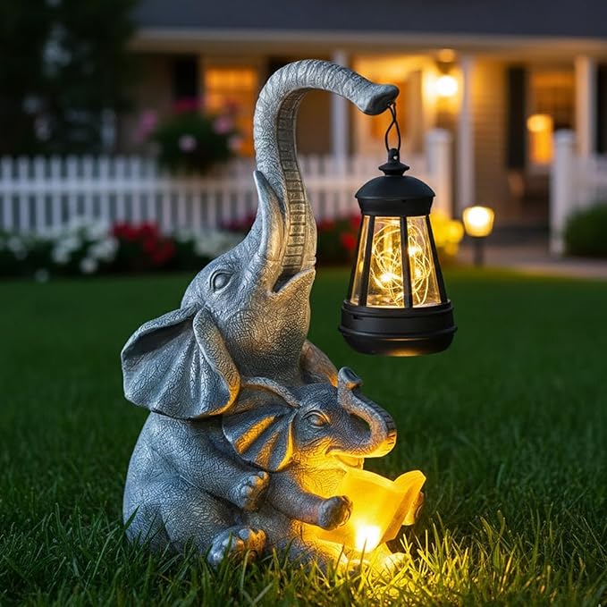 Solar Garden Statue Lights Loving Elephants Figurine with Solar Lantern, Outdoor Yard Decorations for Patio Porch Home, Housewarming Elephant Gifts for Mom, Women
