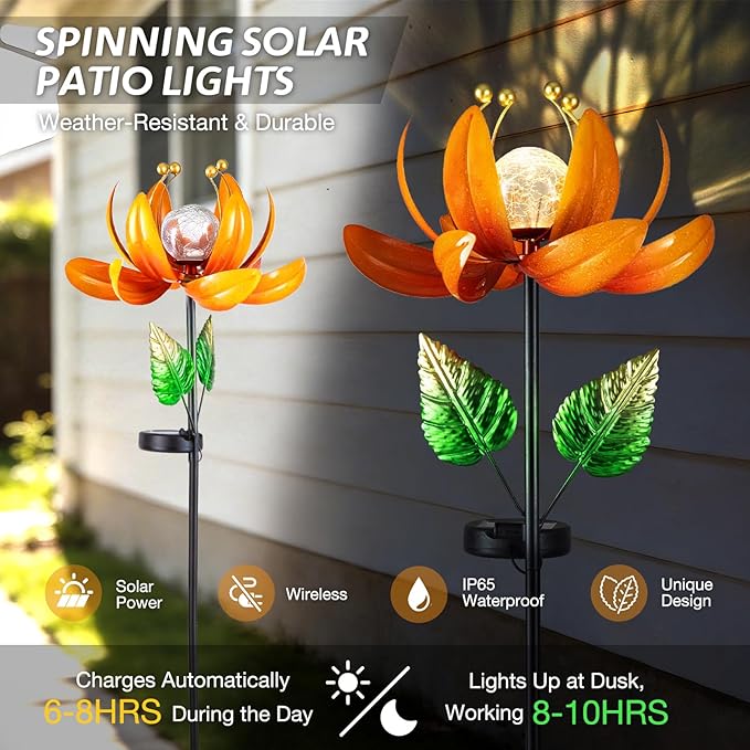Outdoor Solar Lights Garden Decor,Wind Spinner Yard Decorations for Outside, Lotus Garden Windmill with LED Cracked Crystal Waterproof Flower Sculpture for Patio Lawn Gardening Gifts
