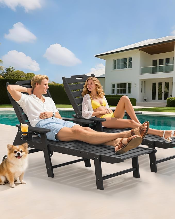 Carauci Lounge Chair Outdoor Set of 4, HDPE Chaise Lounge with Wheels, 5-Position Adjustable Backrest & 2 Cup Holders Patio Lounge Chair, All-Weather Pool Sun Lounger for Poolside, Backyard, Black
