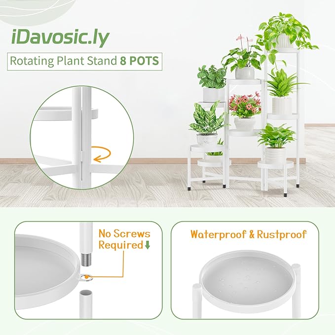 iDavosic.ly Plant Stand Indoor Outdoor, 8 Tier Corner Metal Flower Display Holder Shelf, Easy Assembly Folding Tall Orchid Rack for Patio Balcony Porch Garden Living Room House, White