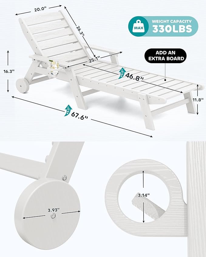 SERWALL Patio Chaise Lounge Chair Set of 6, 5 Positions Adjustable Poly Outdoor Lounger for Pool, HDPE Lounge Chair with Rolling Wheels & Cup Holder for Poolside, Deck, White
