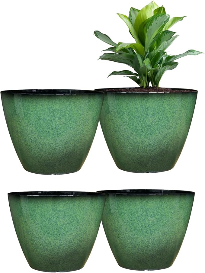 4 Pack 8 inch Plant Pots, Plastic Planter for Indoor Outdoor Plant with Drainage Holes and Saucers, Flower Pots for Garden Home Decor(Green, 4pcs)