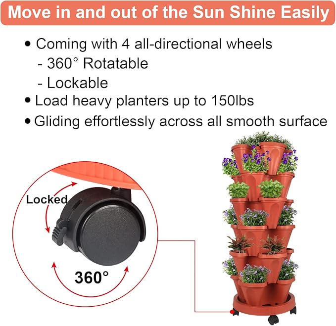 GameXcel Vertical Planter 6 Tier Stackable Planters Garden Planters Strawberry Herb Flower and Vegetable Planter Indoor Outdoor Gardening Pots with Removable Wheels and Tools