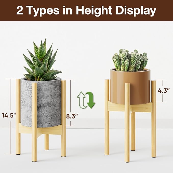 MUDEELA Plant Stand for Indoor Plants: Adjustable Width Fits 8-12 Inch Pots - Mid Century Modern Bamboo Plant Stand - 14.5 Inch Single Tier Small Floor Plant Holder, Natural, 1 Pack (Without Pot)
