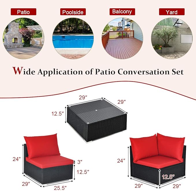Tangkula 7 Piece Patio Furniture Set, Outdoor Sectional Sofa w/Pillows and Cushions, Wicker Sofa Conversation Set with Coffee Table, Patio Sofa and Tea Table Set for Garden, Lawn (Red)