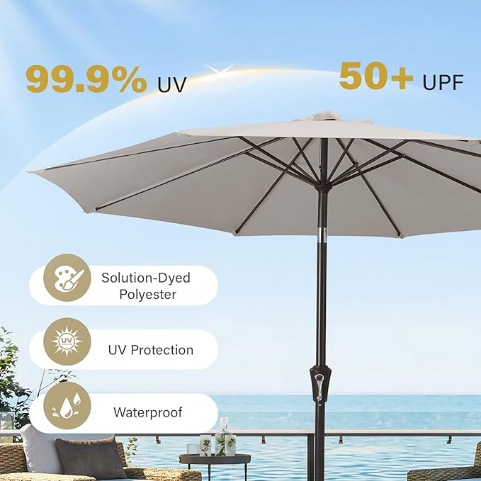 MEWAY 9ft Patio Umbrella Outdoor Table Umbrellas with Push Button Tilt and Crank, Market Umbrella 8 Sturdy Ribs for Deck, Garden, Pool and Backyard, Fog Gray
