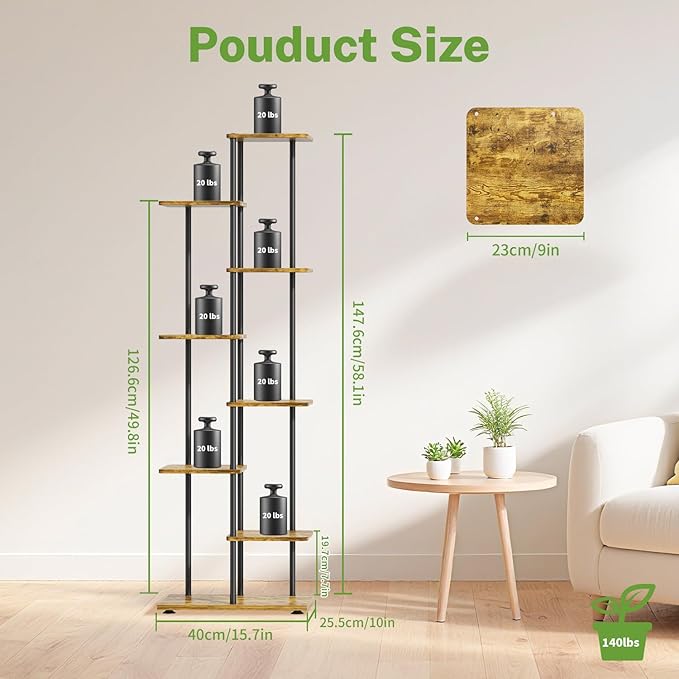 iDavosic.ly 7 Tier Tall Plant Stand Indoor, Tiered Corner Metal Wood Multiple Flower Holder Shelf, 58 Inch Orchid Display Rack for Patio Porch Living Room Balcony Outdoor, Modern Black & Rustic Brown