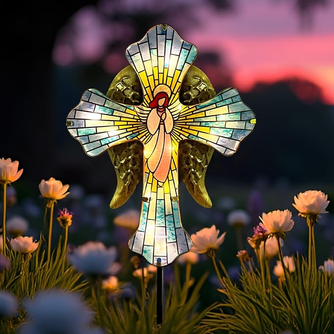 Solar Cross Garden Stake Lights for Outdoor Garden,Cemetery,and Yard Decor,Angel Wings Cross Solar Christmas Lights Outdoor,Memorial Gifts Angel