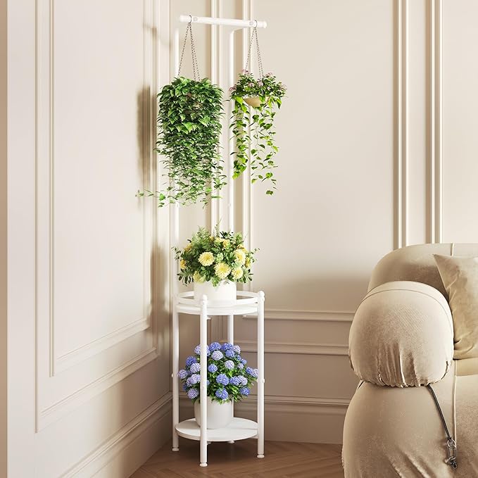 Plant Stand Indoor Outdoor - Heavy Duty Metal 2-tier Hanging Plant Holder Space-Saving Iron Plant Stands Tall Plant Shelf for Living Room Garden Balcony (White)