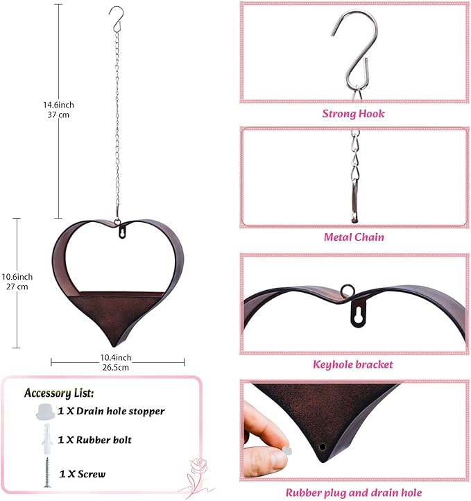 Metal Plant Hangers Indoor and Outdoor: Easter Gifts for Mom Women Her Wife Garden Lovers Birthday - Heart Shape Hanging Planters for Window Wall Living Room Office Decor(Rustic)