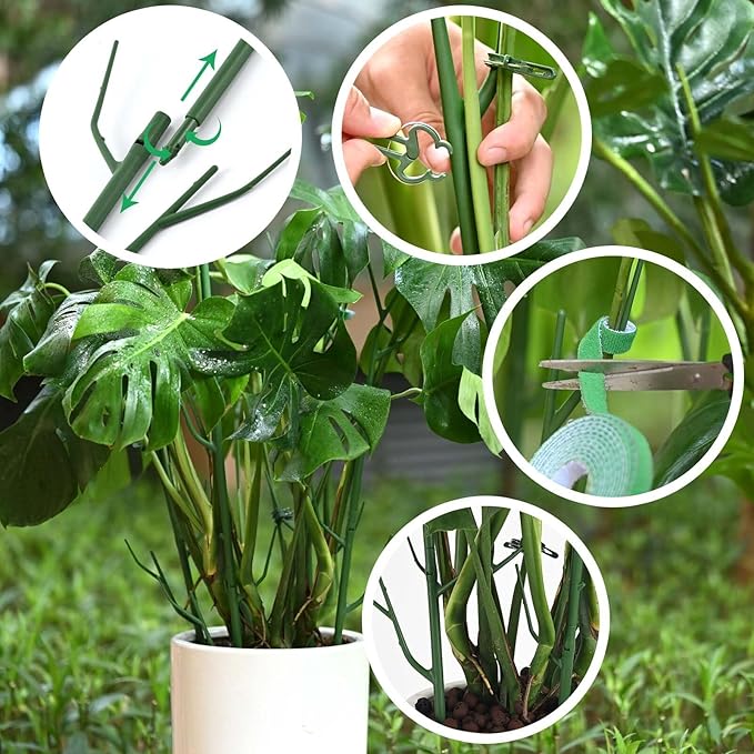 4 Pack Plant Support Stakes, Plant Stakes for Indoor and Outdoor Plants. 28inch Plant Sticks with Extension Poles, Plant Clips, Plant Ties for Potted Monstera Plants, Climbing Plants