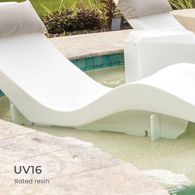 Aqua Outdoors in-Pool DEEP Ledge Chaise Set - Two Chaises - Two Headrest Pillows - Chaise Risers and One Large in Pool Side Table - for ledges 9"-14" inches Deep (Classic White-Blue)