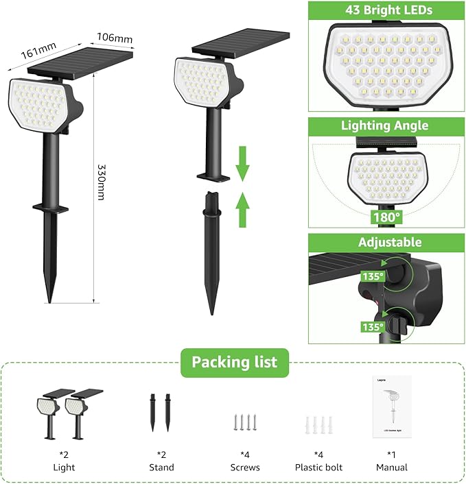 Lepro Solar Decorative Spot Lights 2 Pack, Cool White Modern Accent Lights for Garden & Landscape, IP65 Waterproof Adjustable Spotlight for Architecture, Pathways, Contemporary Decor