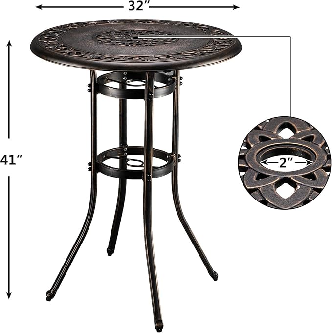 VINGLI 3 Piece Outdoor Patio Bar Set, Cast Aluminum Outdoor Swivel Bar Stools and Table w/Umberlla Hole, All-Weather Outdoor Bar Table and Chairs High Top Bistro Set w/Cushions (Grid Back)