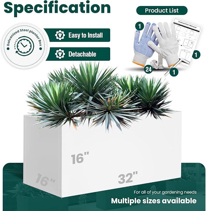 White Steel Planter Rectangular Outdoor Indoor Planter Box Galvanized Steel Metal 32" L x 16" W x 16" H Large Planters Flower Pot Modern Commercial Residential for Trees Patio Yard Garden