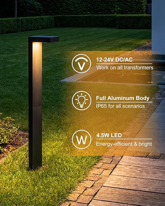 Low Voltage Landscape Lights, 2 Pack Outdoor LED Pathway Light, Wired Path Lighting for Walkway, Garden, IP65 Waterproof, 400LM, 4000K, Modern Cast-Aluminum, Black