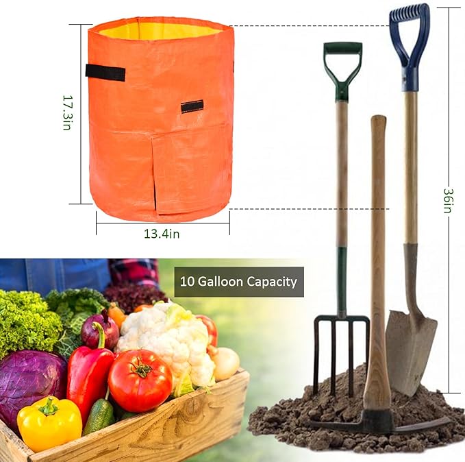 JJGoo Potato Grow Bags, 4 Pack 10 Gallon with Flap and Handles Planter Pots for Onion, Fruits, Tomato, Carrot - Orange