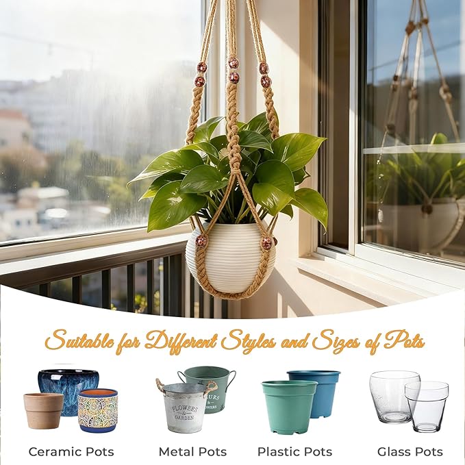 35 Inch Macrame Plant Hanger, Large for up to 15 Inch Pot Extra Long Hanging Planter Holder Basket with Wood Beads for Indoor Outdoor Home Decor (Brown, 2-Pack)