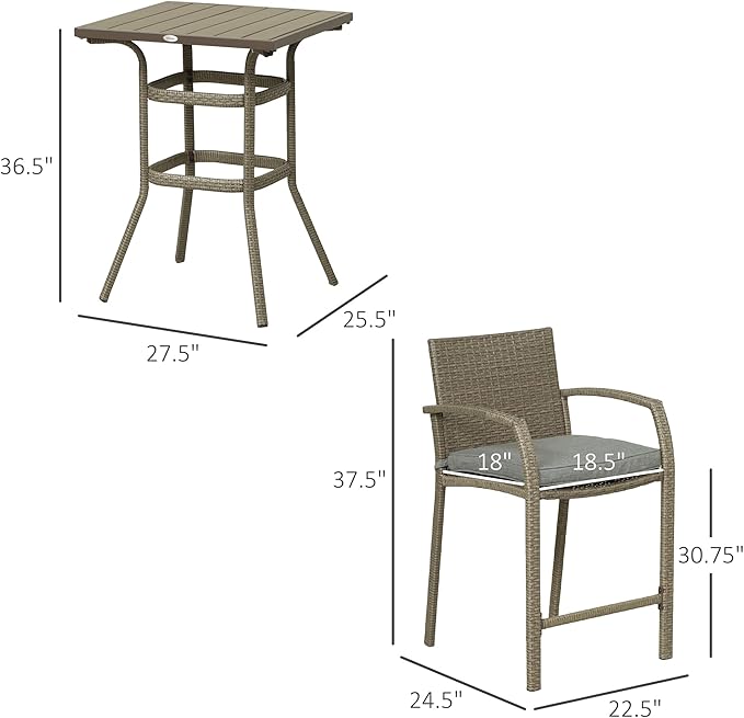Outsunny 3 PCS Rattan Wicker Bar Set with Wood Grain Top Table and 2 Bar Stools for Outdoor, Patio, Poolside, Garden, Grey