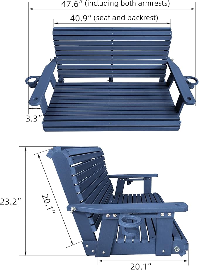 HDPE Porch Swing with 18/8 Stainless Steel Bolts, Ergonomic Design, Ultra Weather-Resistant, Heavy Duty 1200 LBS, for Outdoor Patio Garden Yard (Navy Blue)