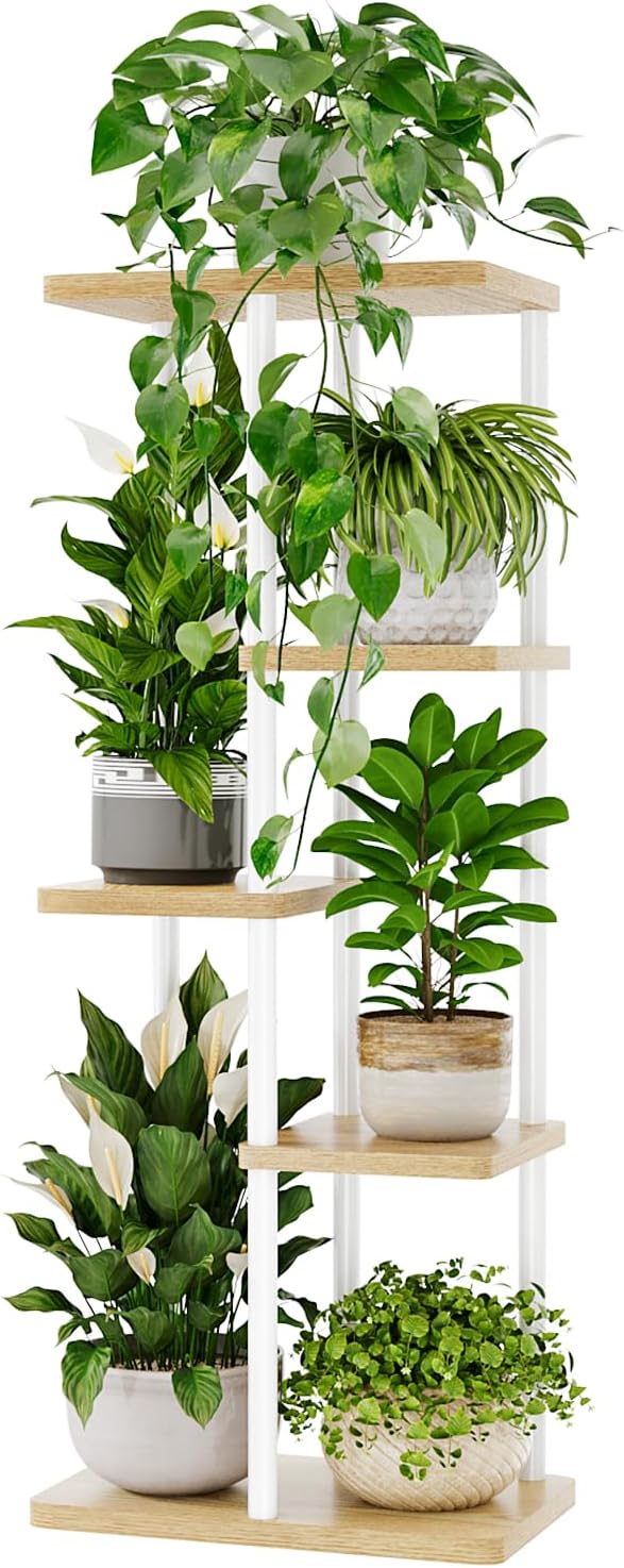 Bamworld Corner Plant Stand Indoor 5 Tier white Plant Shelf for Multiple Plants, Tiered Flower Pot Stands for Patio Garden Balcony Living Room Bedroom, White
