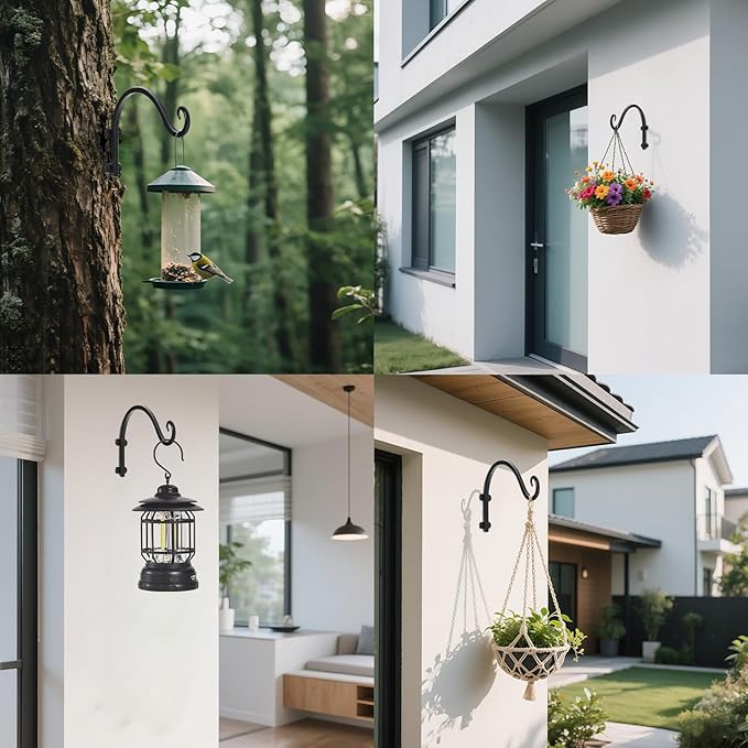 4 Pack 12Inch Plant Hanger, Sturdy Hanging Plant Bracket Hooks Outdoor, Bird Feeder Hanger for Bird Feeders, Planters, Lanterns, Wind Chimes Indoor Outdoor (Black)