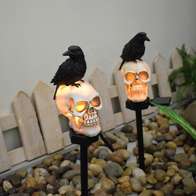Outdoor Solar Lights, Crow Solar Lights Outdoor Waterproof Halloween Skull Light with Stakes Solar White Crow Light Garden Decor for Yard, Lawn
