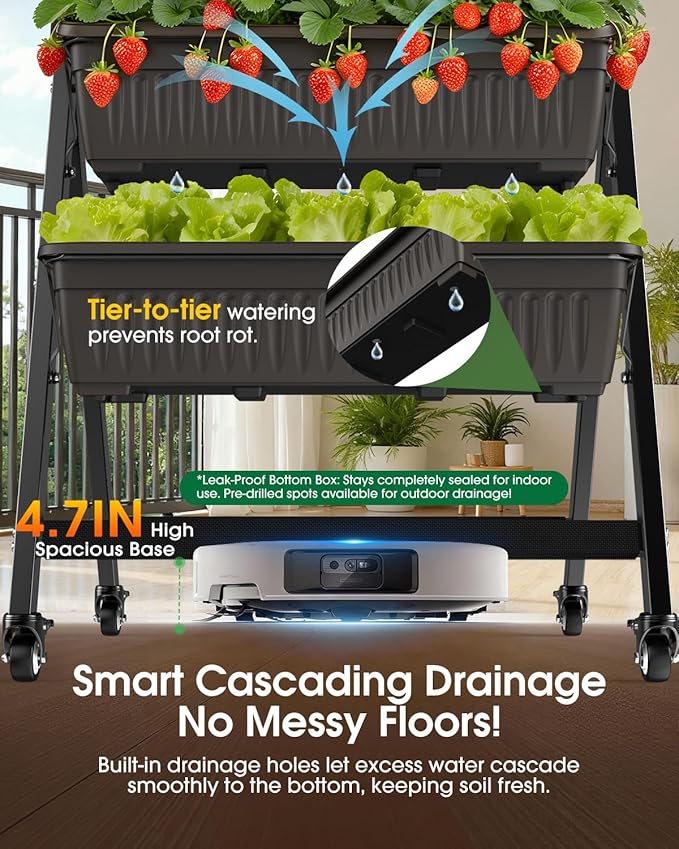 5-Tier Vertical Garden Bed Planter Boxes with Wheels, Drainage System & Storage Space, Mobile Vertical Garden Planter with 5 S-Hooks for Plants Vegetables Flowers Herbs in Garden Patio Yard