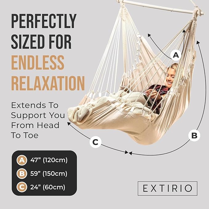 Hanging Hammock Chair Swing – Hanging Chair Outdoor & Indoor - Hammock Swing Chair – Quick & Easy Setup with Hardware Kit – Durable & Spacious Full Body Support with 2 Plush Cushions – Holds 440 Lbs
