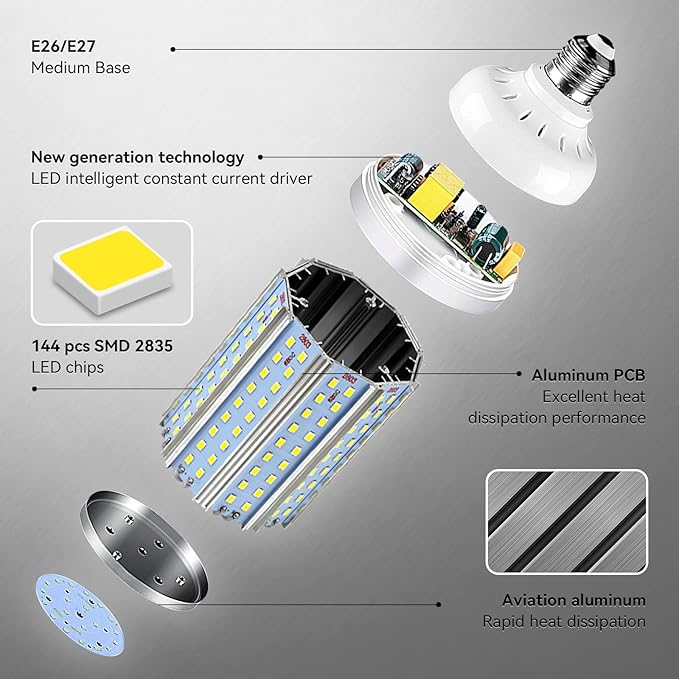2-Pack 200W Equivalent LED Corn Light Bulb 3000 Lumen 6500K Cool White Daylight 30W LED Corn Lamp E26/E27 Medium Base for Indoor Outdoor Warehouse Garage Basement Backyard Factory Barn and Many Areas