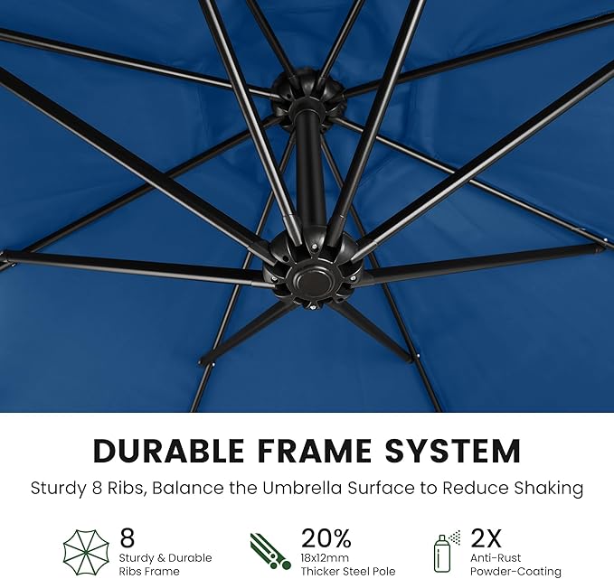 OLILAWN 10ft Patio Umbrella with Base Included, Outdoor Offset Cantilever Umbrella Upgraded Yarn-dyed Fabric Shade, Sturdy 8 Rids,360 Degree Rotation & Easy Tilt Adjustment, for Pool Deck Porch Backyard Garden,Sapphire