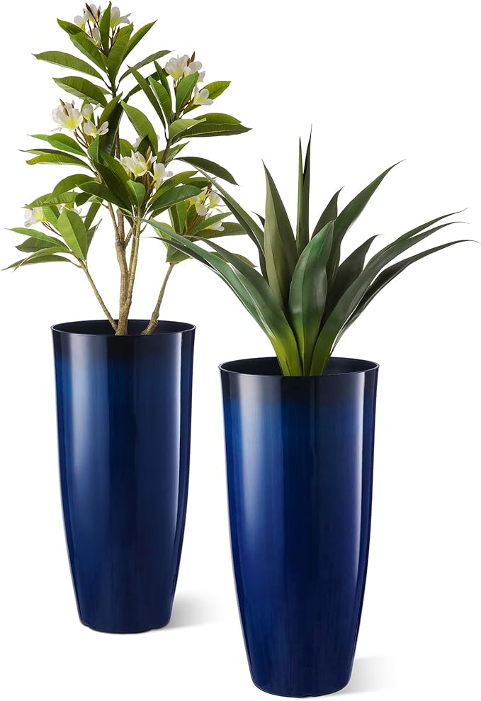 Glitzhome 30" H Tall Planters for Outdoor Plants, Set of 2 Plastic Large Outdoor Planters with Gradient Cobalt Blue Faux Ceramic Finish,Large Flower Pots with Drainage Holes for Front Porch Indoor