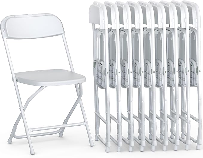 10 Pack Foldable Plastic Chair | Folding & Stackable | 350 lbs Capacity Steel Frame Seats for Indoor Outdoor | Commercial Use Events Wedding Party Bulk Picnic Kitchen Dining - White
