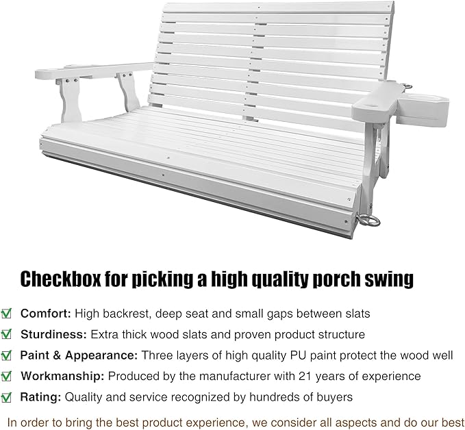 Wooden Porch Swing 2-Seater, Bench Swing with Cupholders, Hanging Chains and 7mm Springs, Heavy Duty 800 LBS, for Outdoor Patio Garden, Pure White, 4 FT Extra Large