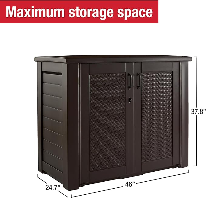 Rubbermaid Decorative Outdoor Storage Cabinet (123 Gal) Weather Resistant Dark Brown Organization for Home/Backyard/Pool Chemicals/Toys/Garden Tools/Porch/Patio Cushions