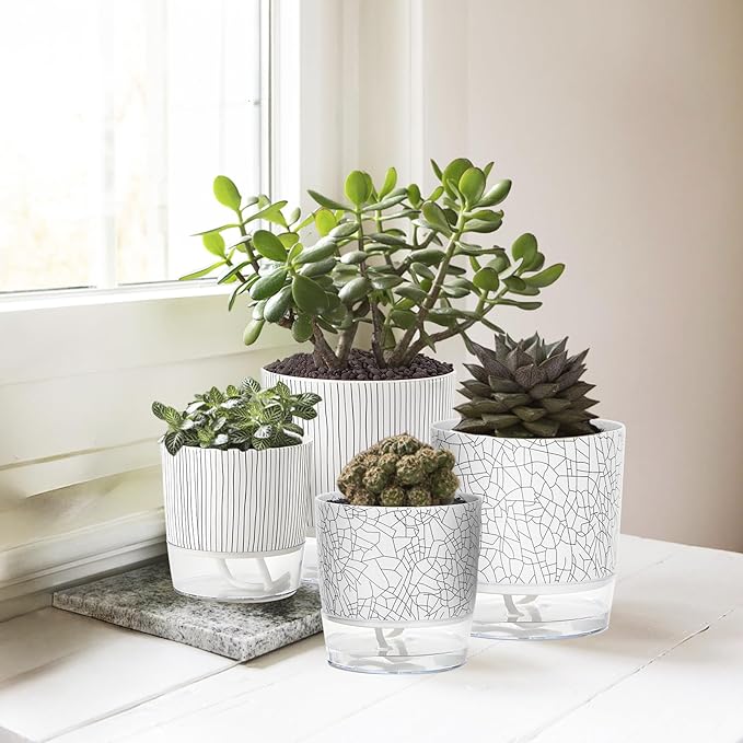 4 Pack Self Watering Pots for Indoor Plants, 4/5.5 Inch Lightweight Planters with Water Reservoir, Flower Pots for African Violet, Spider Plant, Orchid