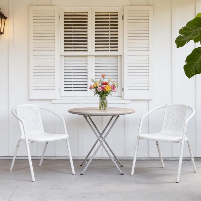 VINGLI PE Rattan Outdoor Dining Chairs Set of 2, Plastic Stackable Patio Chairs for Indoor, Porch, Restaurant, Garden, White