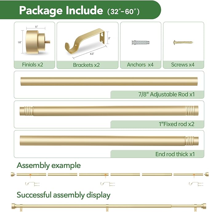 Time Forest Curtain Rods for Windows 28 to 48, 1 Inch Adjustable Gold Heavy Duty Long Window Curtain Rod for Bedoom Living Room, Modern Drapery Rods with Simple End Caps, Size 32"-60"