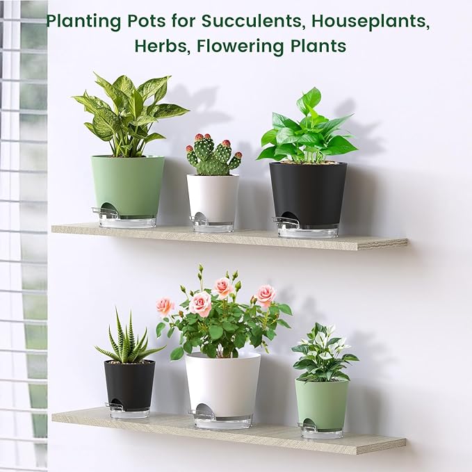 6 inch Self Watering Pots for Indoor Outdoor Plants, 6 Pack Flower Plant Pots with Drainage Holes and Clear Reservoirs, Visible Water Level, Plastic Planters with Wicking Rope, Green