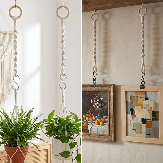 3 Pcs Adjustable Macrame Plant Hanger Extenders with Wooden Ring Handmade Woven Hanging Basket Extension Connectable Rope Hanging Plant Extender for Outdoor Indoor Plants Pot Holder Home Decor