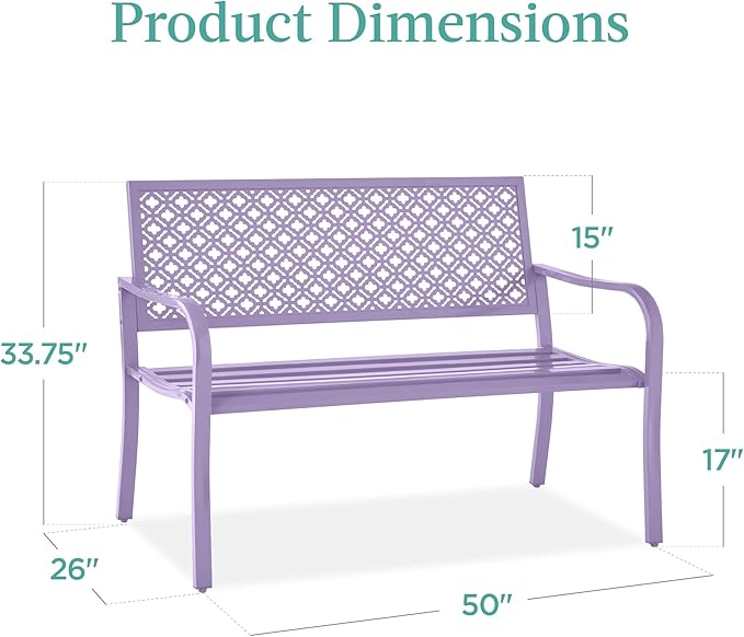 Best Choice Products Outdoor Bench 2-Person Metal Steel Benches Furniture for Garden, Patio, Porch, Entryway w/Geometric Backrest, 790lb Capacity - Lavender