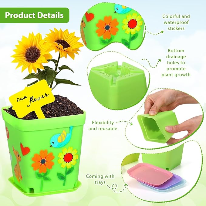 Capoda 48 Sets Garden Flower Pots Crafts Kit DIY Spring Plastic Seedling Nursery Pots with Stickers Plant Labels Growth Charts Planting Growing Tools Classroom Activities Project Gifts (Square)