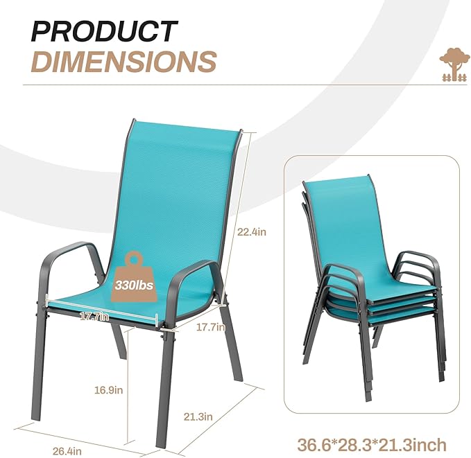 TLSUNNY Patio Chairs, Stackable Textilene Outdoor Dining Furniture for All Weather, with 17.7″ Wide Seat & Metal Frame, for Garden, Backyard, Deck, Restaurant, Poolside (6, Turquoise Blue, 24.6″)