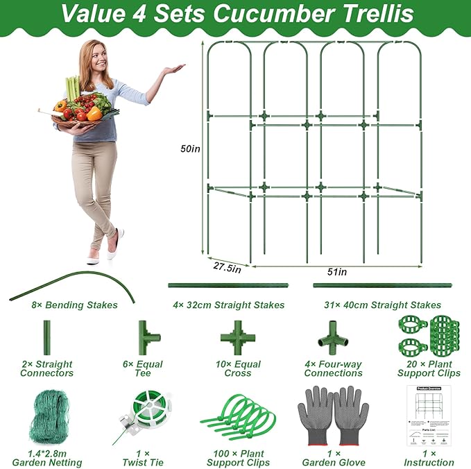 Cucumber Trellis for Raised Bed 51 x 50 Inch U-Shape Garden Trellis for Climbing Plants Outdoors Metal Garden Cucumbers Arch Trellis, Cucumber Plant Support for Tomato, Pea, Zucchini, Vine Flower