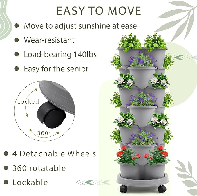Umigy 2 Set Light Gray 7 Tier Stackable Vertical Planters with Removable Wheels and Tools Tower Planters Strawberry Herb Flower Vegetable Pots Indoor Outdoor Gardening Pots