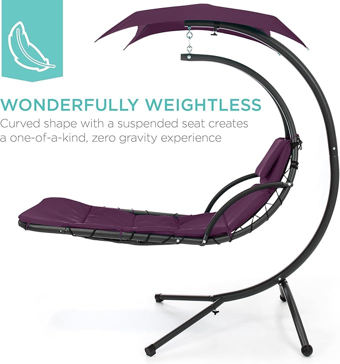 Best Choice Products Outdoor Hanging Curved Steel Chaise Lounge Chair Swing w/Built-in Pillow and Removable Canopy - Purple