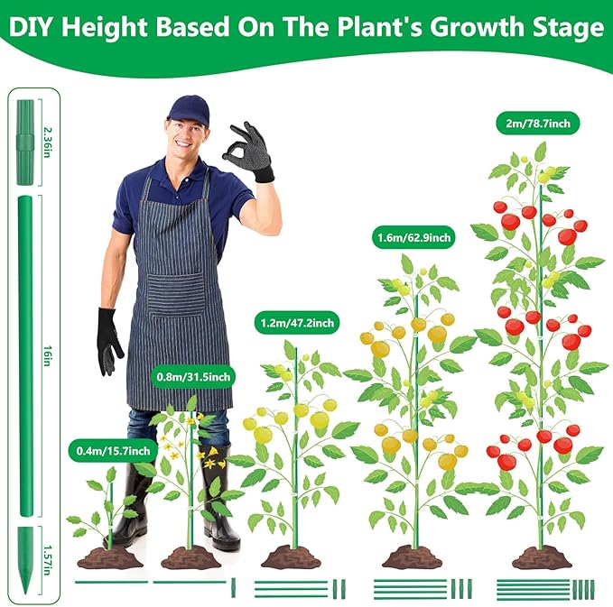 Lezmarket 60 Pack Garden Tomato Stakes(16" Each), Plant Support Stakes, DIY 4ft 5ft 6ft 7ft Sturdy Fiberglass Plant Sticks Support Garden Trellis for Growing Climbing Tomato Vegetables Flowers