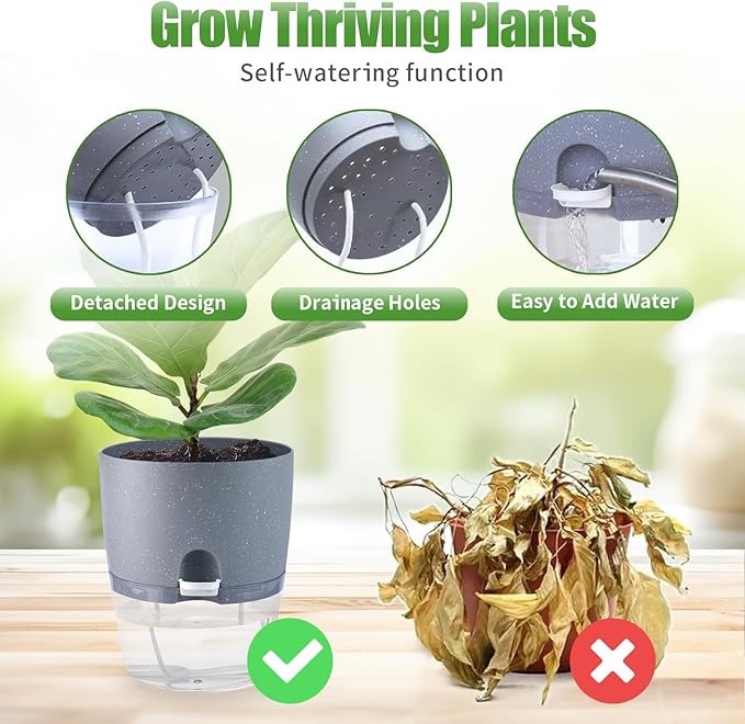 6 Inch Self Watering Pots for Indoor Plants, 6 Pack Grey Plastic Flower Pots with Drainage Holes for African Voilet Herbs All House Plants (Include 1 Spray Bottle)