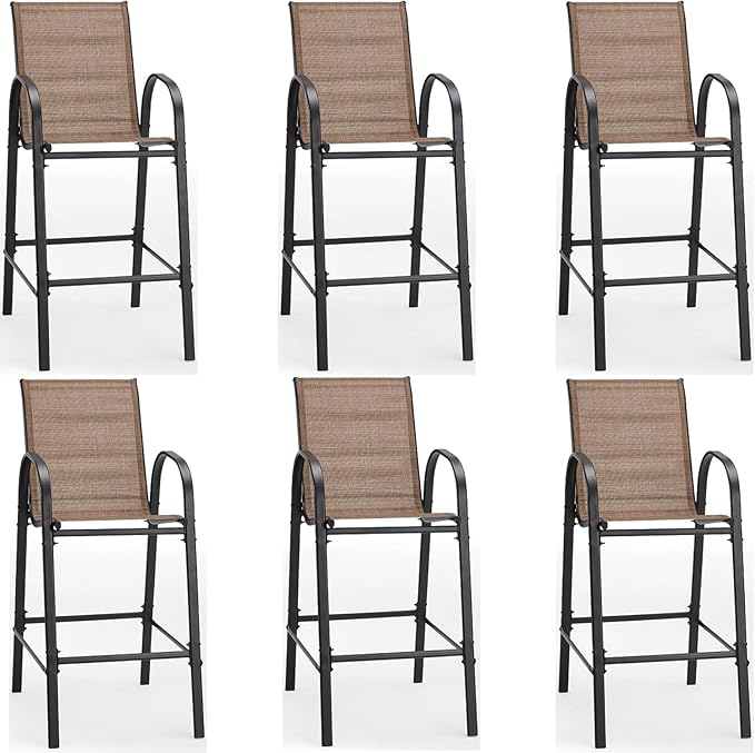 HOMREST Outdoor Bar Height Stools Set of 6,Stackable Patio Chairs with Armrests, High Back Textilene Chairs with Breathable Fabric & Metal Frame for All Weather,Brown